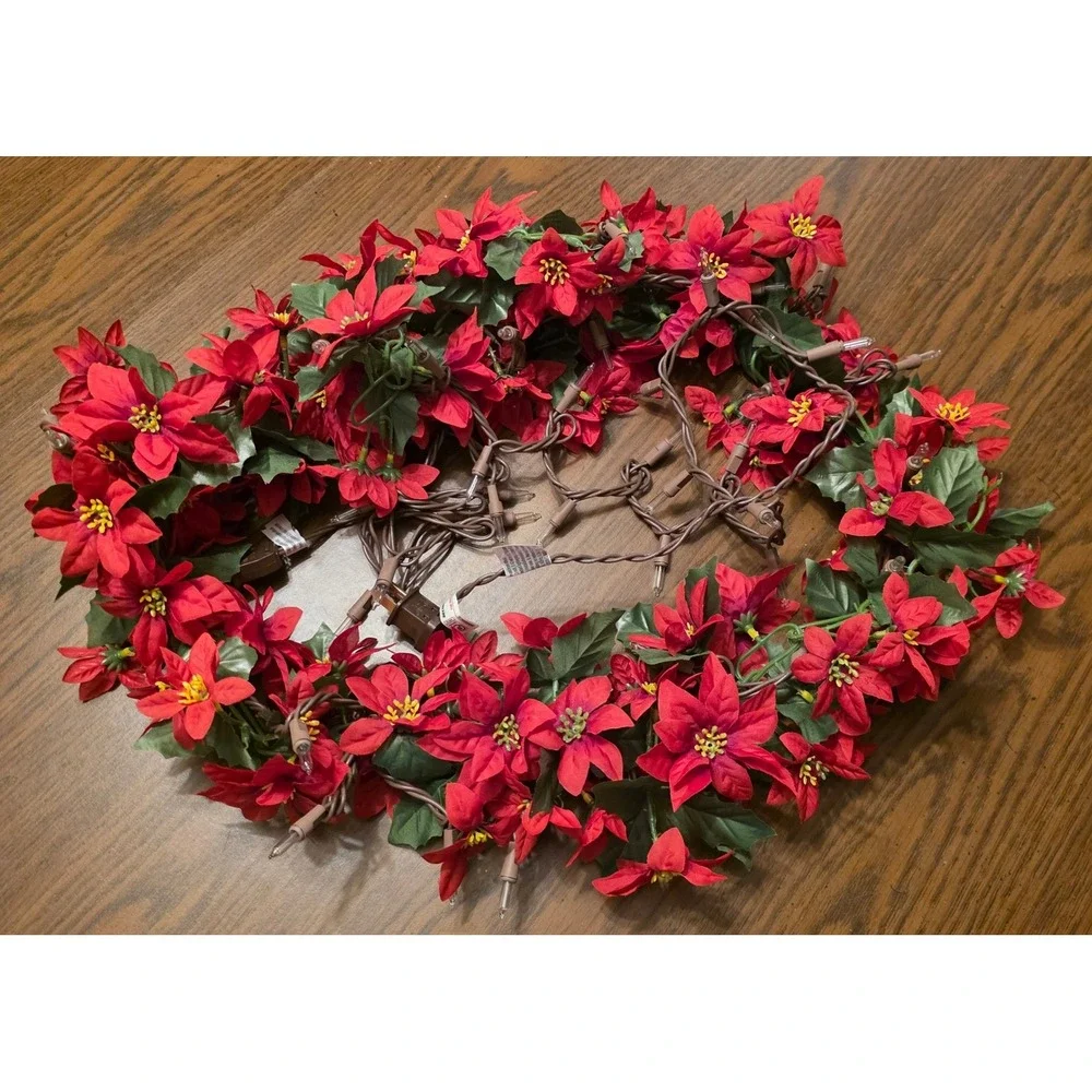 Lighted Red Poinsettia Christmas Garland Clear Lights Brown Wire Indoor 4ft
